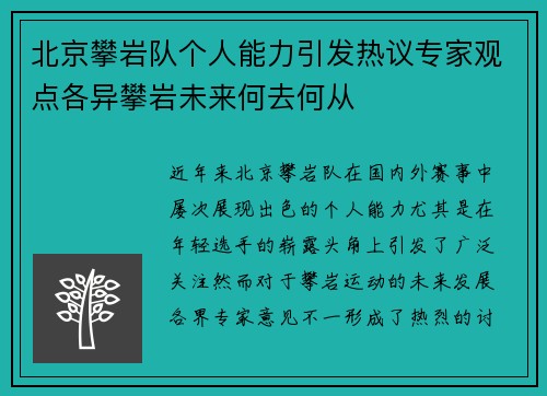 北京攀岩队个人能力引发热议专家观点各异攀岩未来何去何从